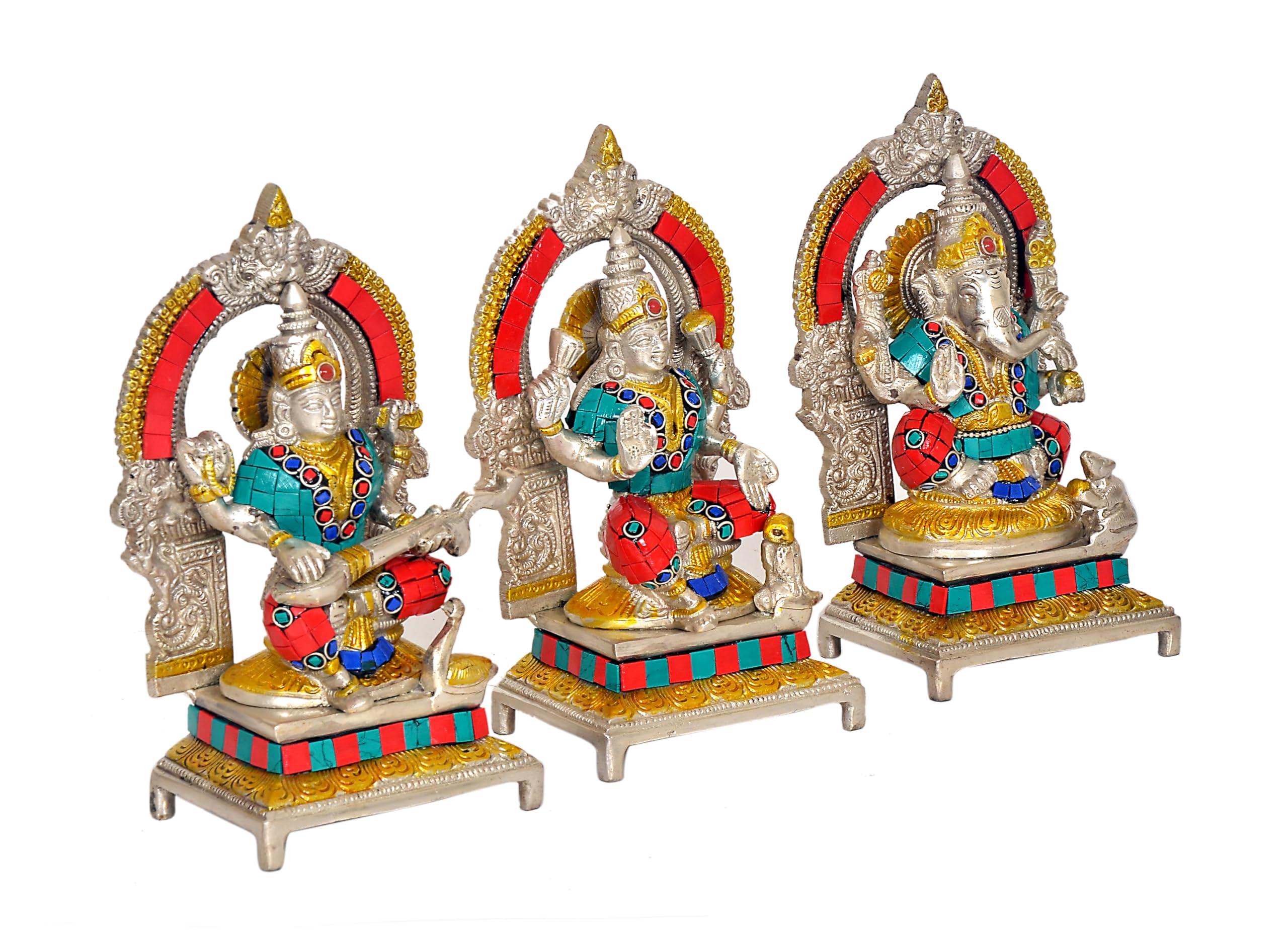 Aona Lord Ganesh Maa Lakshmi And Maa Saraswati Brass Idol Sculpture Murti Statue Silver Height 7 Inches